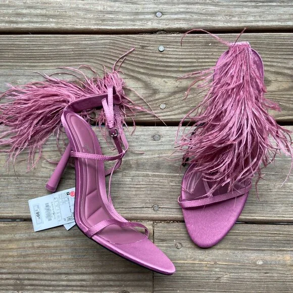 ZARA Mauve Pink Satin Feather Embellished High Stiletto Heel Strappy Sandals 40 - Picture 3 of 11